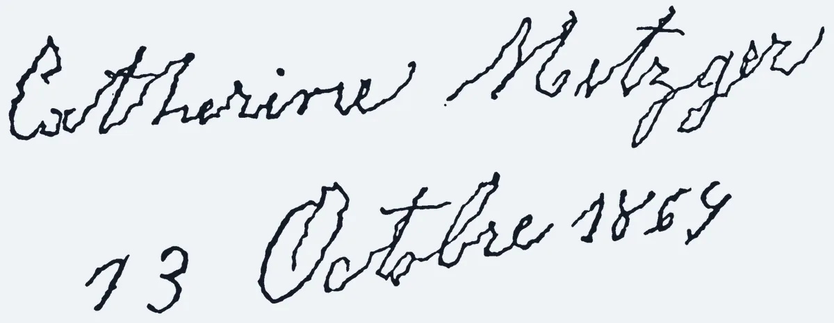 Handwriting of a woman with Parkinson's disease, the strokes broken by tremor: Catherine Metzger, 13 October 1869